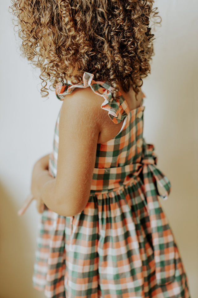 Little Girls Muted Plaid Christmas Dress with Ivory Trim
