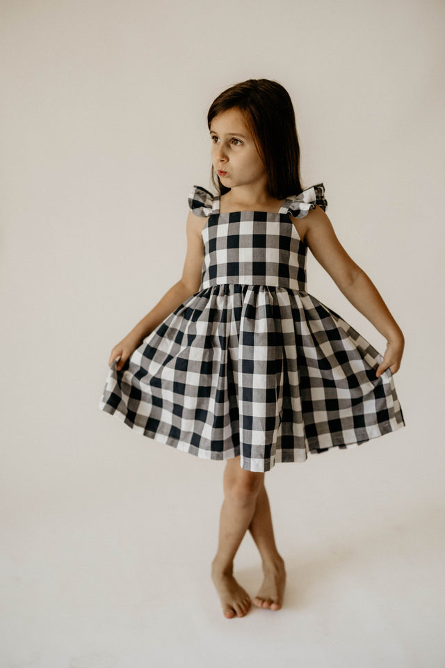 Girl's Navy and Buffalo Plaid Cotton Flutter Sleeve Dress