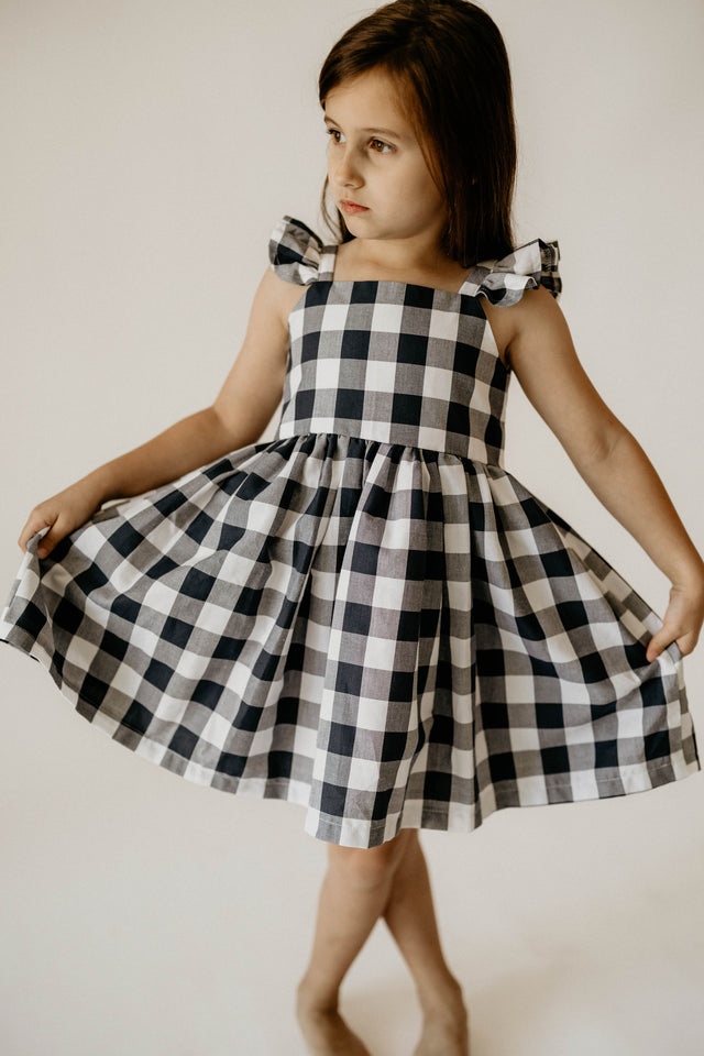 girls navy and white buffalo plaid twirl sundress