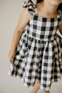 Girl's Navy and Buffalo Plaid Cotton Flutter Sleeve Dress