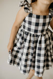 Girl's Navy and Buffalo Plaid Cotton Flutter Sleeve Dress