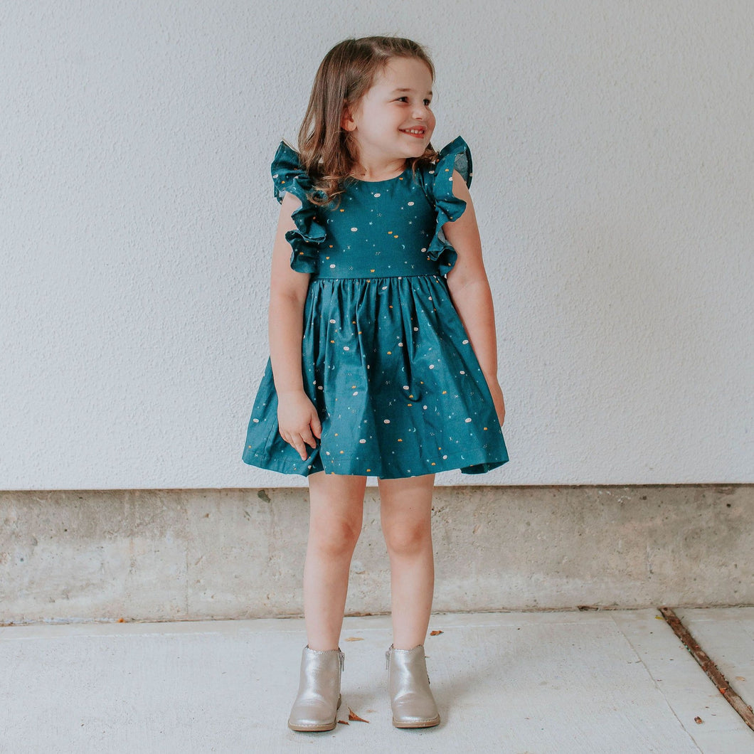Little Girl's Navy Stargazing Print Ruffle Pinafore Cotton Dress ...
