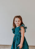 Little Girl's Navy Stargazing Print Ruffle Pinafore Cotton Dress