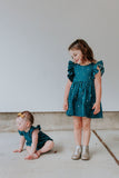 Little Girl's Navy Stargazing Print Ruffle Pinafore Cotton Dress