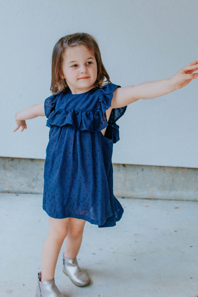 Little Girl's Navy Swiss Dot Ruffle Collar Cotton Shift Dress