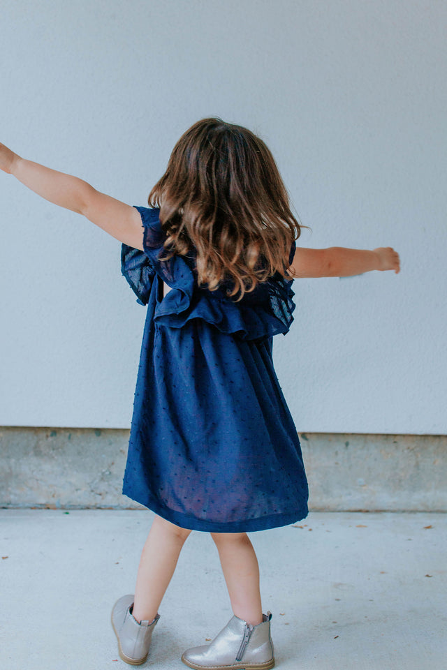 Little Girl's Navy Swiss Dot Ruffle Collar Cotton Shift Dress