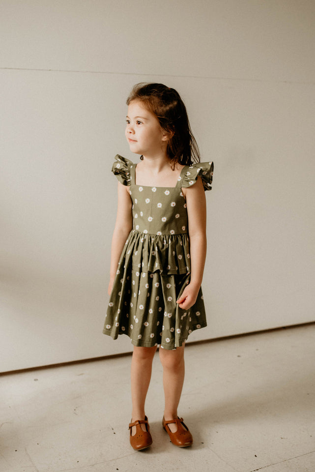 Girl's Olive Green and White Daisy Print Peplum Twirl Dress