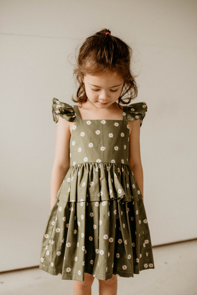 Girl's Olive Green and White Daisy Print Peplum Twirl Dress