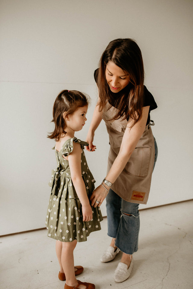Girl's Olive Green and White Daisy Print Peplum Twirl Dress