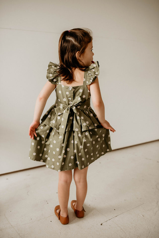 Girl's Olive Green and White Daisy Print Peplum Twirl Dress