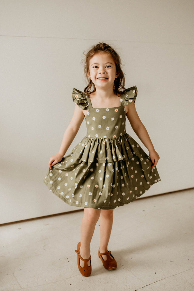 Girl's Olive Green and White Daisy Print Peplum Twirl Dress