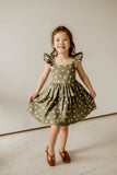 Girl's Olive Green and White Daisy Print Peplum Twirl Dress