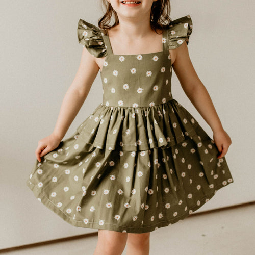 little girls daisy print olive green peplum dress