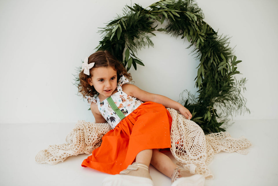 Little Girl's Green & Orange Dog Print Flutter Sleeve Cotton Christmas Dress