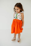 Little Girl's Green & Orange Dog Print Flutter Sleeve Cotton Christmas Dress