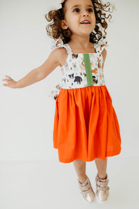 Little Girl's Green & Orange Dog Print Flutter Sleeve Cotton Christmas Dress