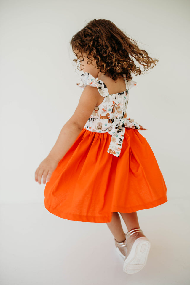 Little Girl's Green & Orange Dog Print Flutter Sleeve Cotton Christmas Dress