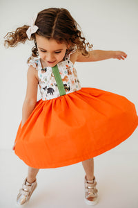 Little Girl's Green & Orange Dog Print Flutter Sleeve Cotton Christmas Dress