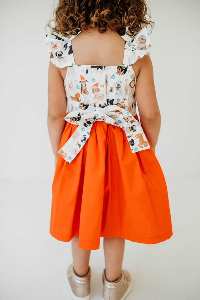 Little Girl's Green & Orange Dog Print Flutter Sleeve Cotton Christmas Dress