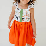 Little Girl's Green & Orange Dog Print Flutter Sleeve Cotton Christmas Dress