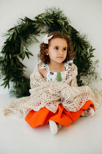 Little Girl's Green & Orange Dog Print Flutter Sleeve Cotton Christmas Dress