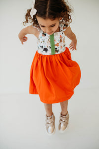 Little Girl's Green & Orange Dog Print Flutter Sleeve Cotton Christmas Dress