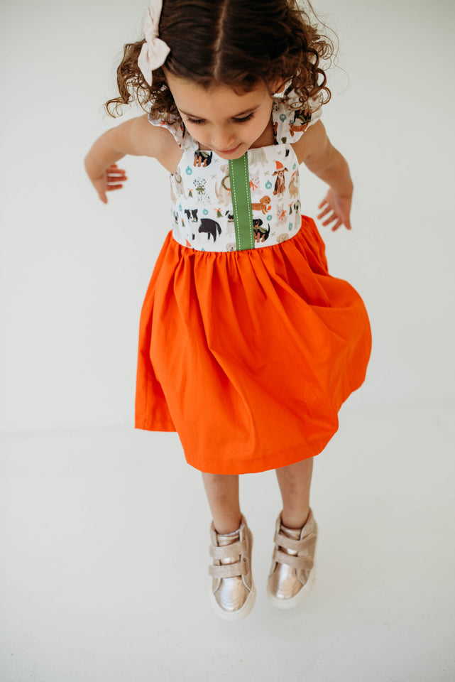 Little Girl's Green & Orange Dog Print Flutter Sleeve Cotton Christmas Dress