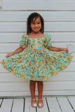 little girls orange print puff sleeve dress