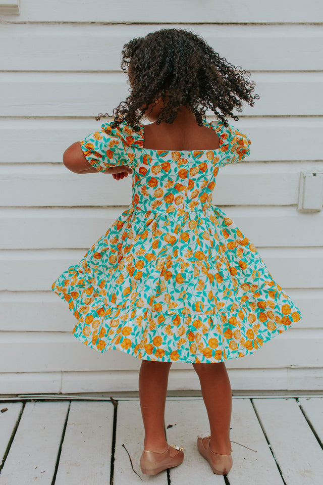 little girls orange print puff sleeve twirl dress