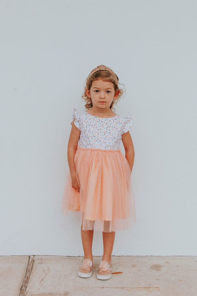 Little Girl's Peach Floral Scoop Back Tulle Twirl Dress