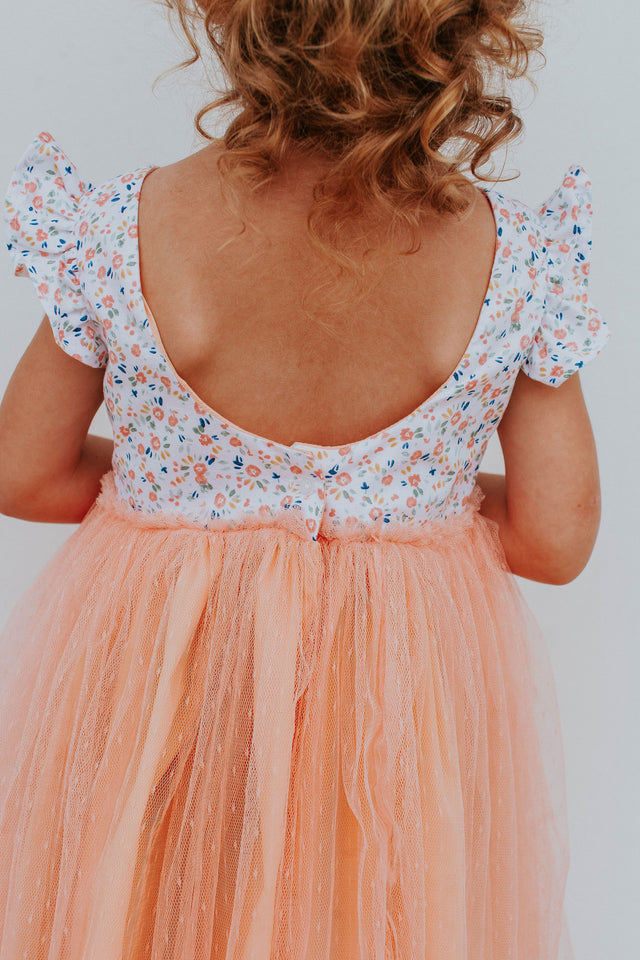 Little Girl's Peach Floral Scoop Back Tulle Twirl Dress