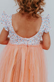 Little Girl's Peach Floral Scoop Back Tulle Twirl Dress