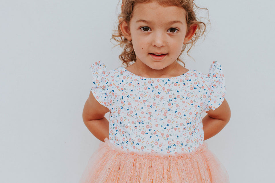 Little Girl's Peach Floral Scoop Back Tulle Twirl Dress