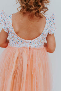 Little Girl's Peach Floral Scoop Back Tulle Twirl Dress