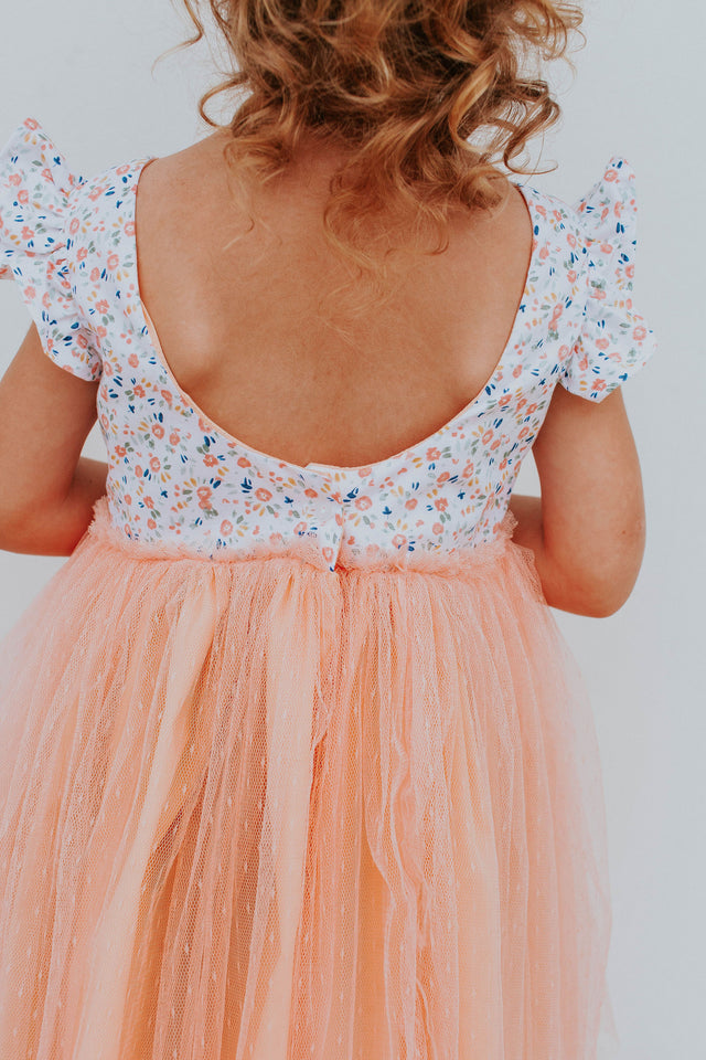Little Girl's Peach Floral Scoop Back Tulle Twirl Dress