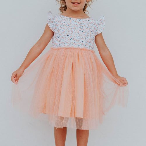 Little Girl's Peach Floral Scoop Back Tulle Twirl Dress