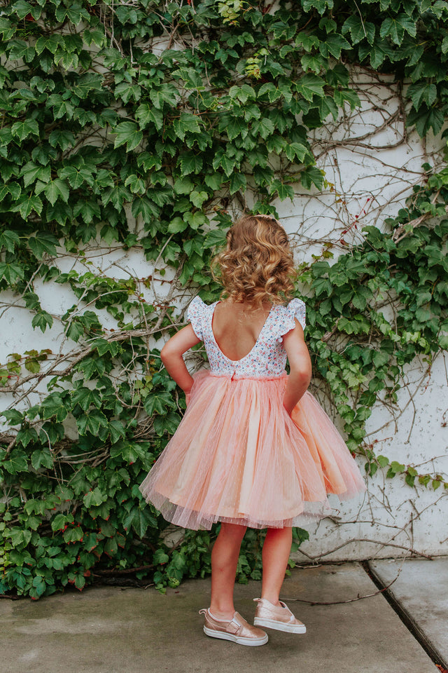 Little Girl's Peach Floral Scoop Back Tulle Twirl Dress