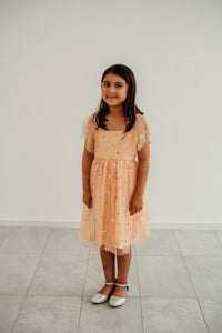 Little Girl's Peach Tulle Daisy Print Twirl Dress