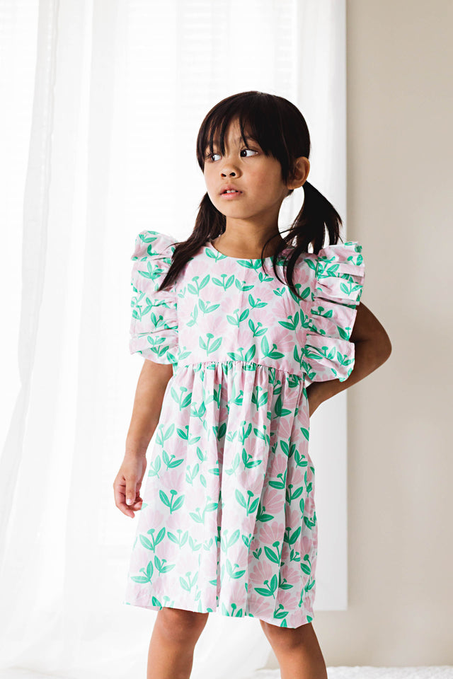 Little Girl's Pink and Green Floral Soft Cotton Flutter Sleeve Pinafore Dress