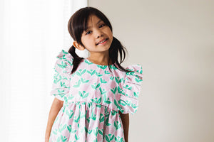 little girls pink and green floral dress