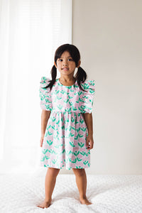 little girls pink and green floral ruffle dress