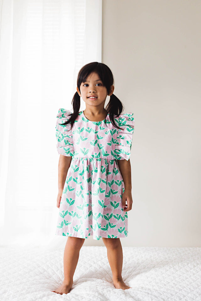 little girls pink and green floral ruffle dress