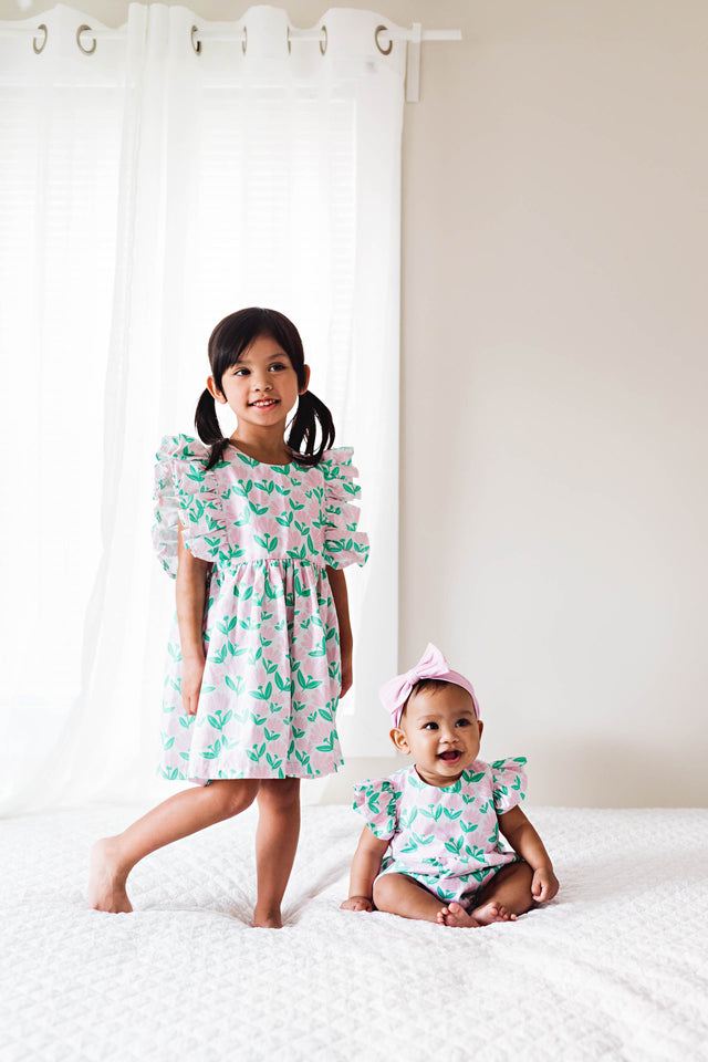 Little Girl's Pink and Green Floral Soft Cotton Flutter Sleeve Pinafore Dress