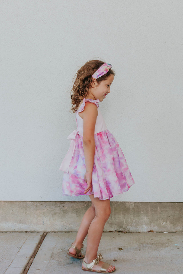 pink and purple tie dye twirl dress for girls