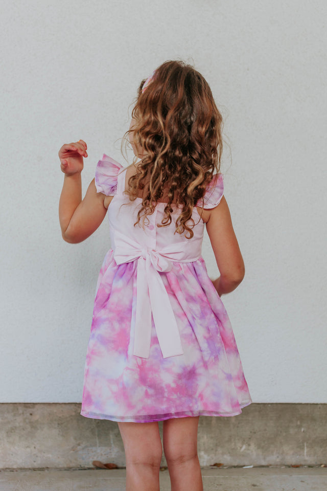 special occasion pink and purple tie dye twirl dress
