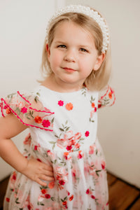 Little Girl's Pink and Orange Rose Floral Tulle Flower Girl Dress