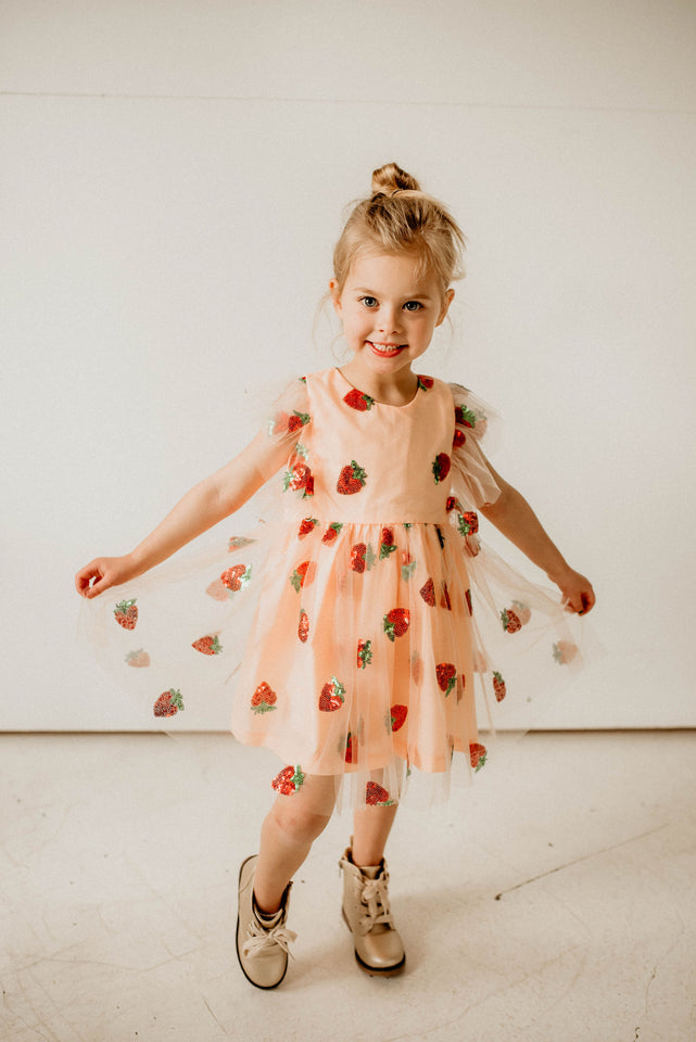 Girl's Pink and Red Sequin Strawberry Tulle Twirl Dress
