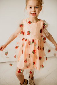 Girl's Pink and Red Sequin Strawberry Tulle Twirl Dress
