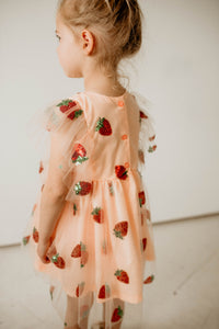 Girl's Pink and Red Sequin Strawberry Tulle Twirl Dress