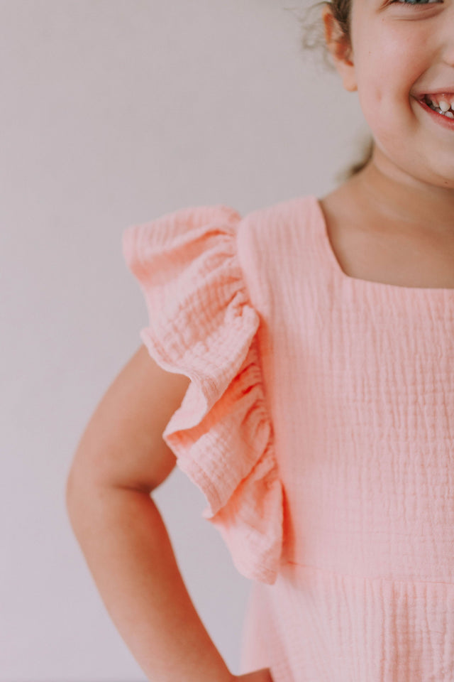 Little Girl’s Pink Peach Double Gauze Cotton Pinafore Dress
